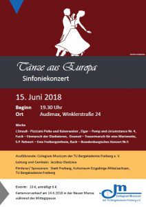 Veranstaltungsposter, Texte: "Tänze aus Europa. Sinfoniekonzert. 15. Juni 2018. Audimax." sowie weitere