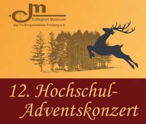 Logo Collegium Musicum, springender Hirsch, Text 12. Hochschul-Adventskonzert