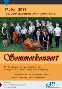 Veranstaltungsposter, Texte: "17. Juni 2018, 16.30 Uhr in St. Johannis, Anton-Günther-Str. 16, Sommerkonzert mit dem Kinder- und Jugendorchester" sowie weitere