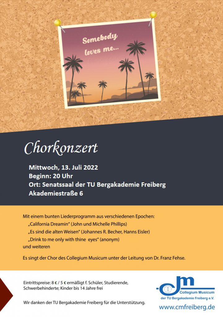 Postergestaltung: Polaroidfoto auf Korkbrett – Palmen im Sonnenuntergang, Text "Somebody loves me", Beschriftung des Posters: s. Beitragstext