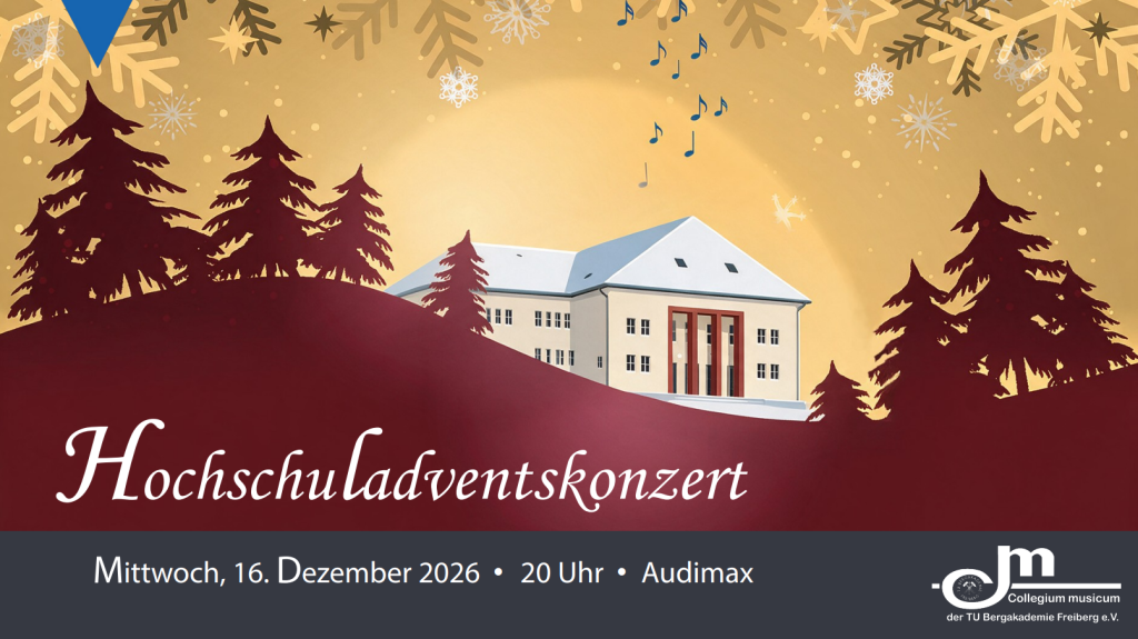 Illustration: Ein Hörsaalgebäude im Architekturstil des sozialistischen Realismus inmitten einer Hügellandschaft mit stilisierten Nadelbäumen, Text: Hochschuladventskonzert, 16. Dezember 2026, 20 Uhr, Audimax